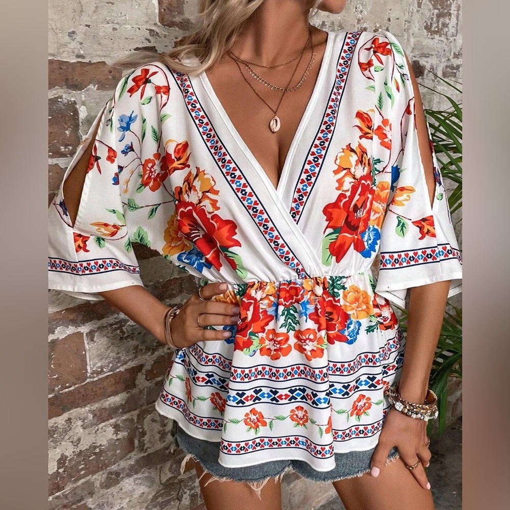 Floral Print Surplice Neck Flounce Sleeve Peplum Blouse